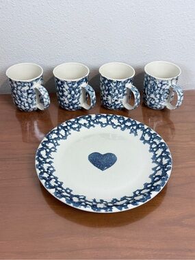 Vintage Blue & White Tienshan Spongeware 4 Mugs, 10.5” Heart Plate